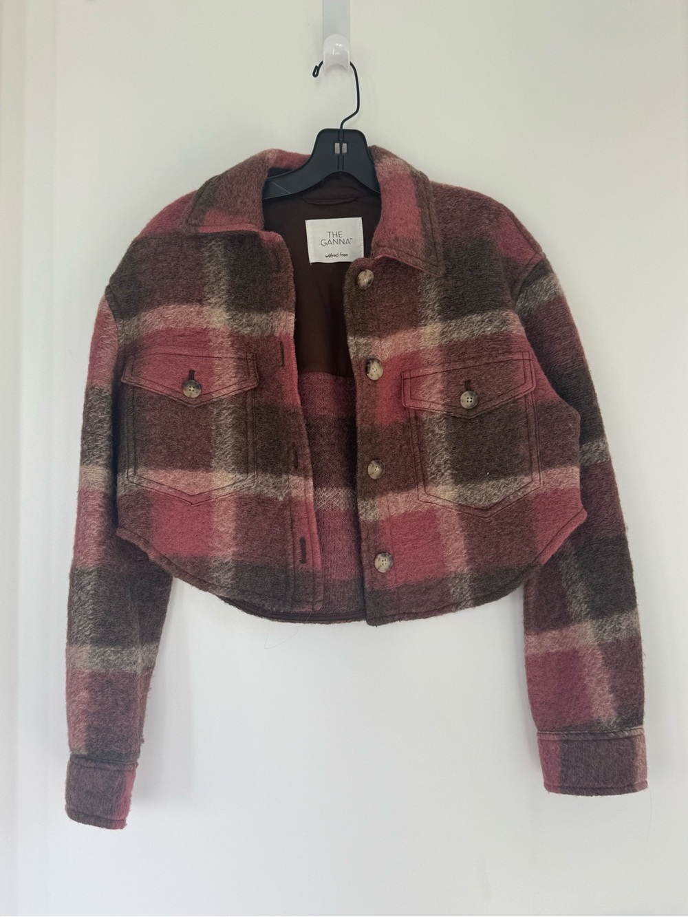 Aritzia The Ganna Plaid Crop Utility Jacket in Pink and Brown